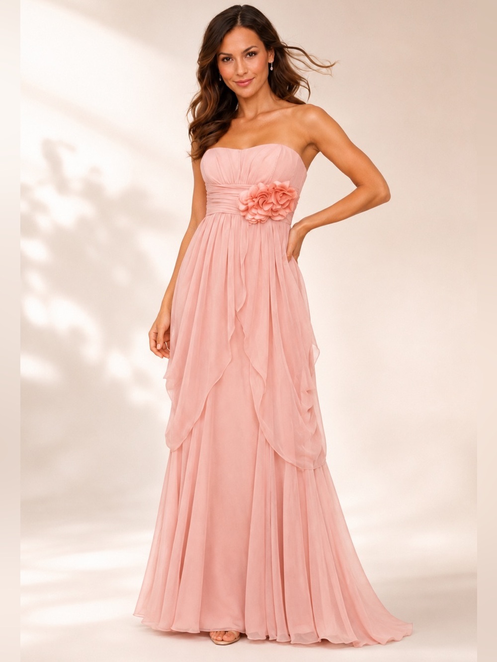 Alex & Sophia Juniors Blush Pink Strapless Chiffon Formal Maxi Gown Wedding
